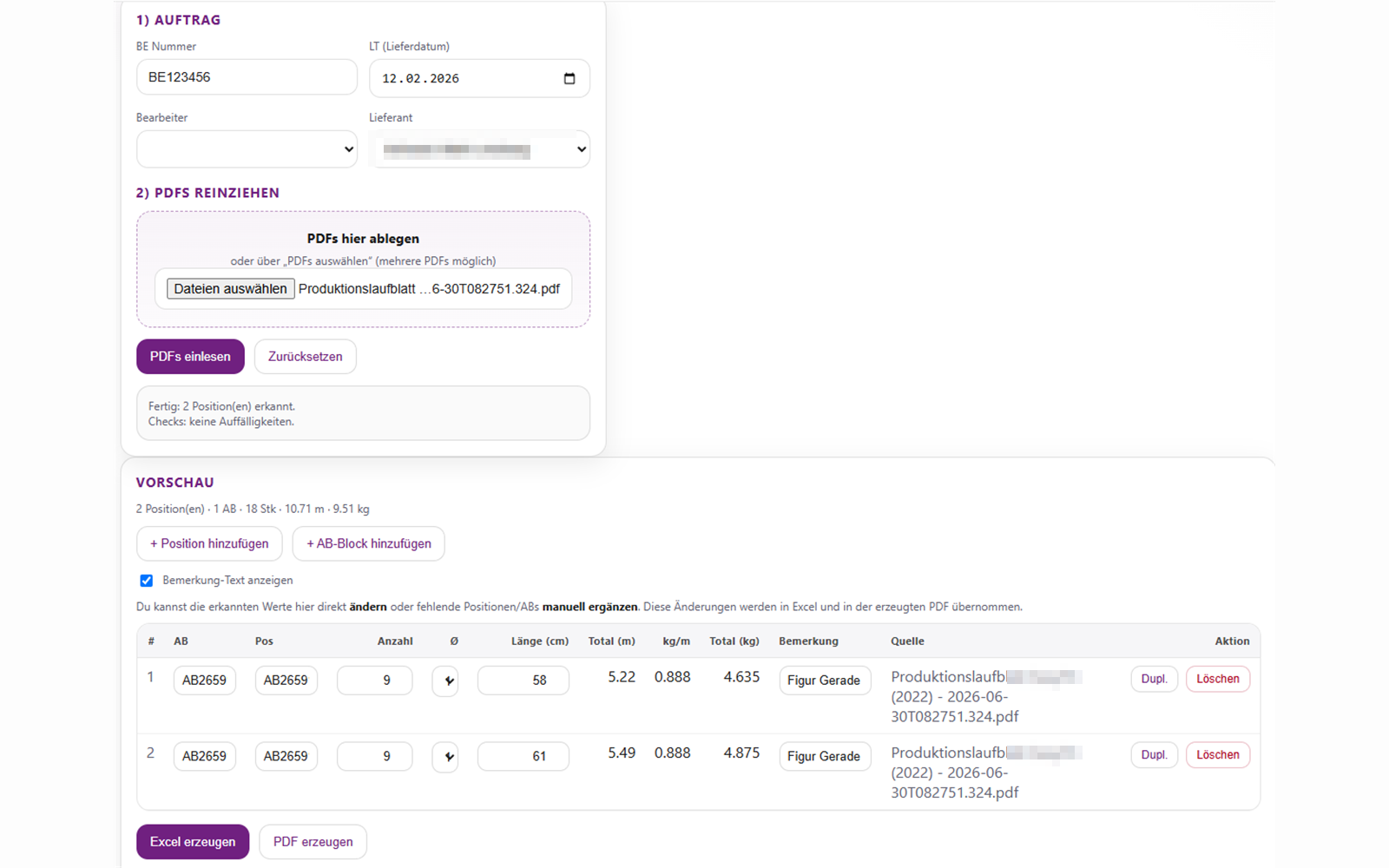 Bestell-Tool für Bewehrungsstahl: aus einer Stabliste entsteht per Klick die fertige Bestellung — als CSV ins ERP und als BVBS-Datei für den Biegeautomaten