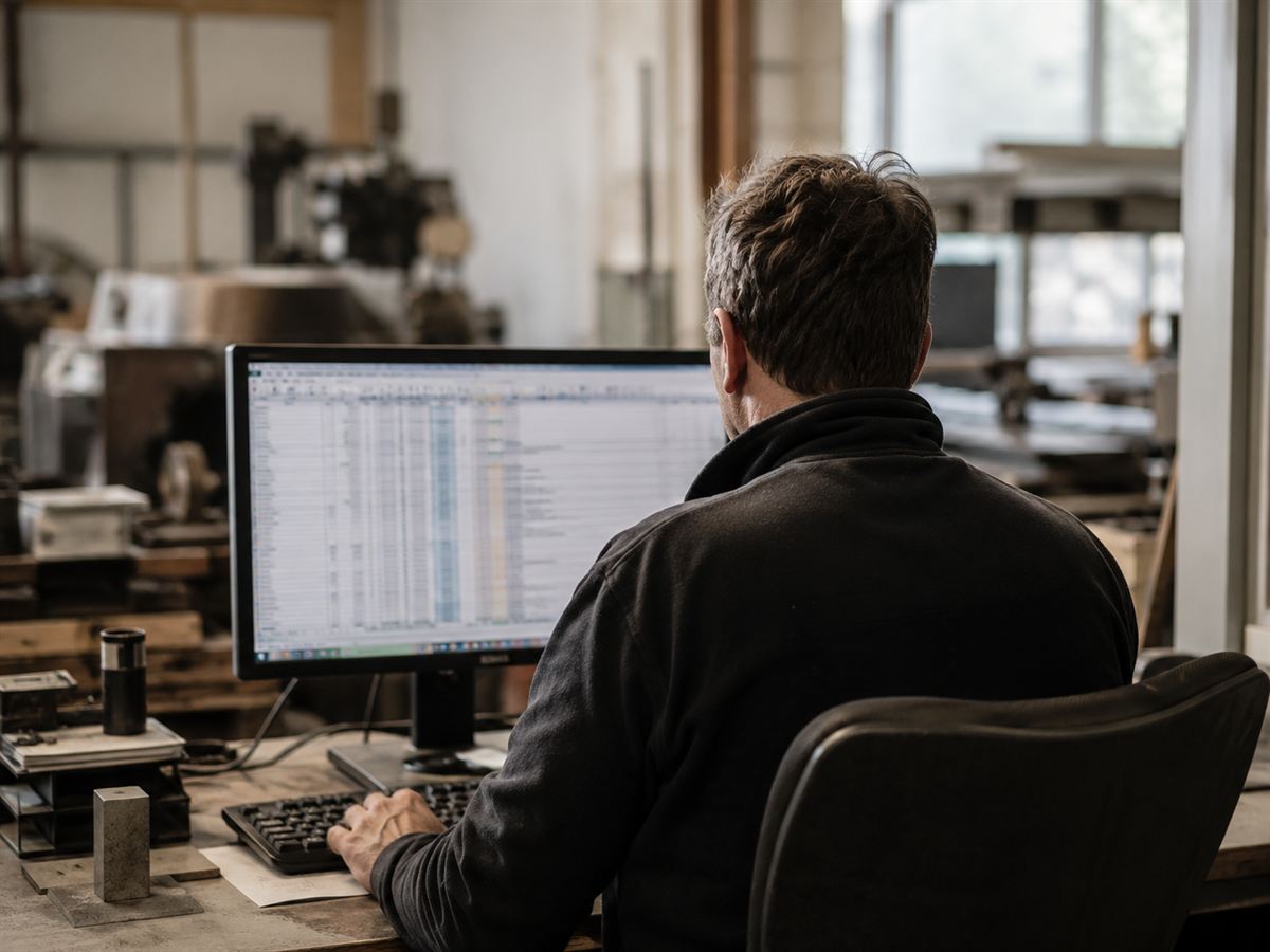 Person am Arbeitsplatz-PC in einem Handwerksbetrieb